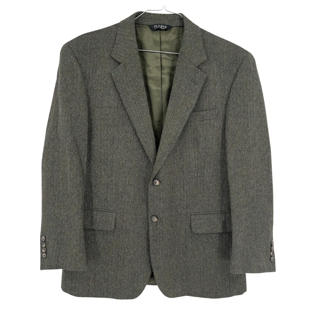 Jos. A. Bank Mens 42S Blazer Olive Green Herringbone 100% Wool Sport Coat